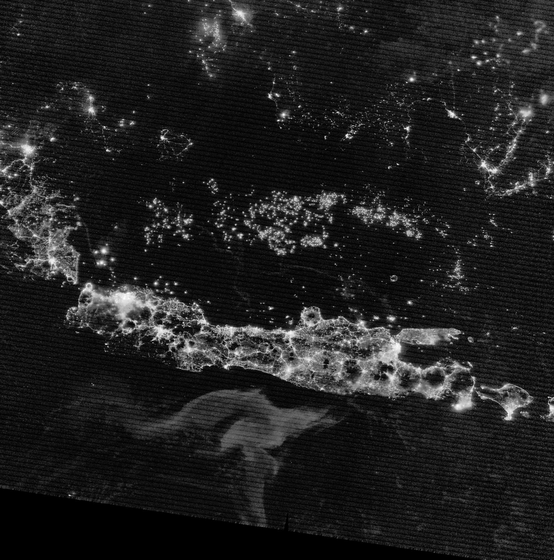 Processed night-time satellite observation showing a milky-sea signal south of Java on 4 August 2019.